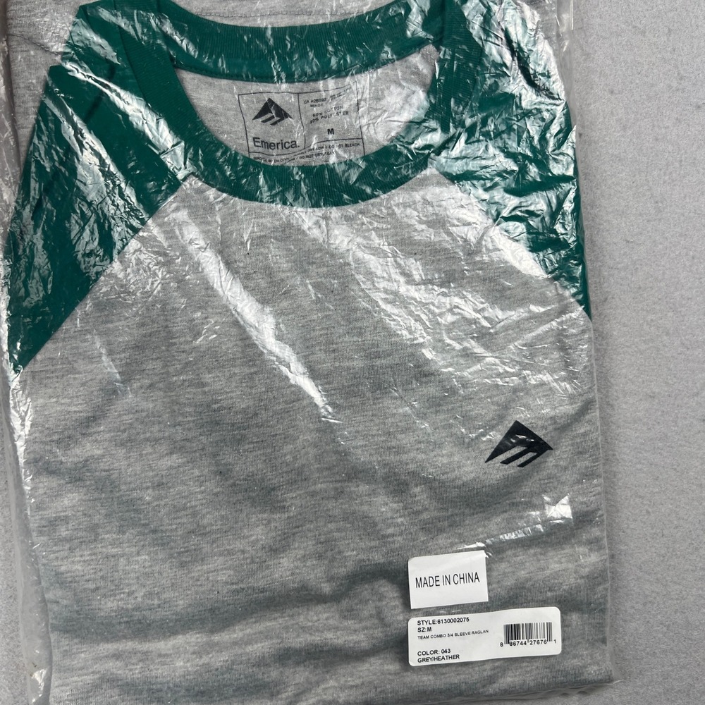 Emerica Raglan Shirt Mens Medium Grey Green Team Combo 3/4 Sleeve Skate Tee